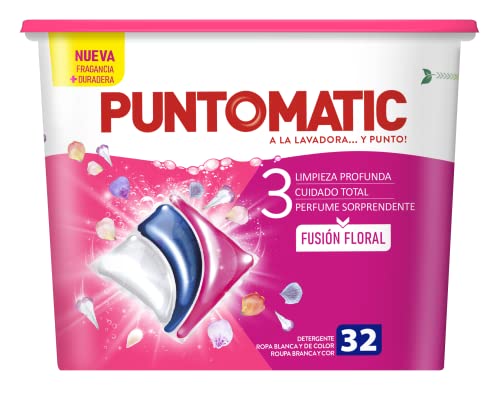 PUNTOMATIC | Cápsulas Tricámara Floral | Detergente Lavadora para Ropa Blanca y de Color | Quitamanchas | 32 lavados