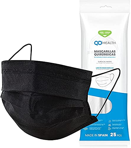 QD HEALTH Mascarillas quirúrgicas Fabricadas en España - Color negro - Packs de 50,100 o 200 unidades Tipo IIR - No reutilizables - Desechables - Homologadas (Pack de 50)