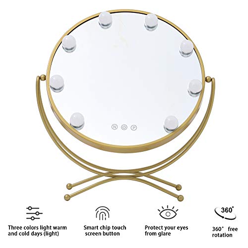 Qivange Hollywood Espejo de tocador Luces LED Brillo ajustable, 3 modos de iluminación de color Control táctil independiente Espejo cosmético de mesa para vestidor y dormitorio, dorado