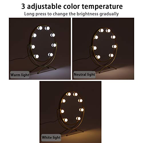 Qivange Hollywood Espejo de tocador Luces LED Brillo ajustable, 3 modos de iluminación de color Control táctil independiente Espejo cosmético de mesa para vestidor y dormitorio, dorado