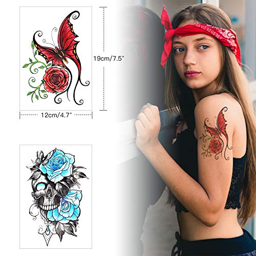 Qpout 15 piezas de tatuajes temporales de flores para mujeres, pegatinas de tatuajes de medio brazo, tatuajes de mariposas de calavera de flores rosas,tatuajes de decoración para adultos,niñas y niños