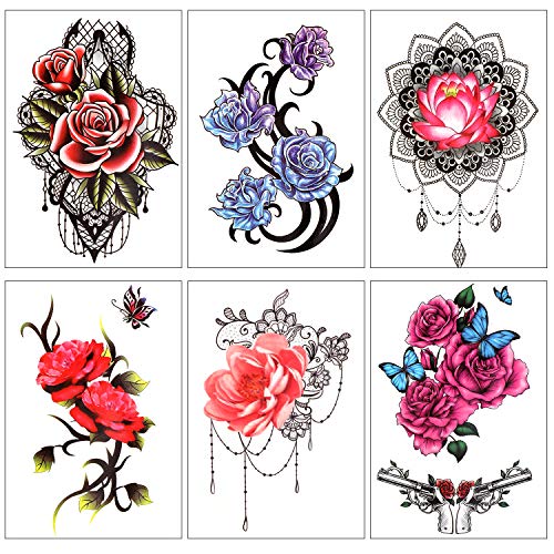 Qpout 15 piezas de tatuajes temporales de flores para mujeres, pegatinas de tatuajes de medio brazo, tatuajes de mariposas de calavera de flores rosas,tatuajes de decoración para adultos,niñas y niños