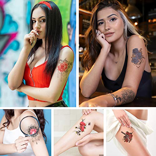 Qpout 15 piezas de tatuajes temporales de flores para mujeres, pegatinas de tatuajes de medio brazo, tatuajes de mariposas de calavera de flores rosas,tatuajes de decoración para adultos,niñas y niños