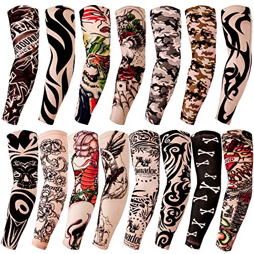 Qpout 15piezas Brazo tatuajes mangas para hombres mujeres,unisex tribal calavera flor serpiente moda tatuajes mangas ciclismo al aire libre baloncesto protector solar nylon elasticidad tatuajes mangas