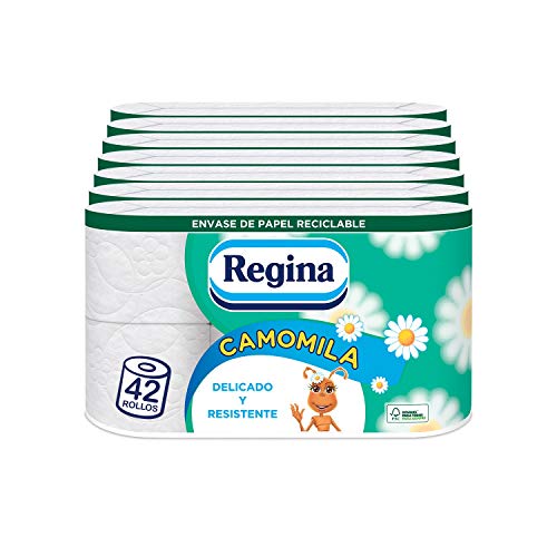 Regina Camomila Papel Higiénico | 42 rollos | 3 capas, 150 servicios por rollo | Perfumado con aroma a camomila | Envase de papel reciclable | Papel 100% certificado FSC®