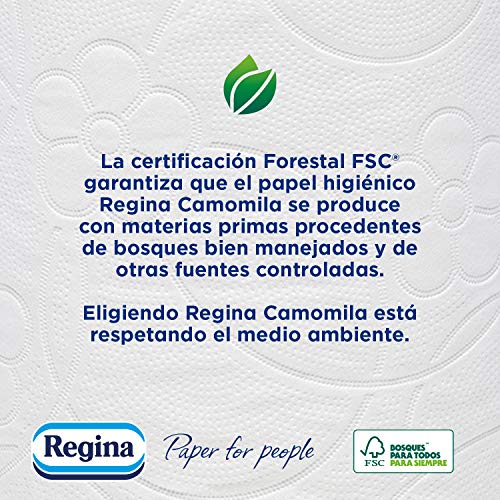 Regina Camomila Papel Higiénico | 42 rollos | 3 capas, 150 servicios por rollo | Perfumado con aroma a camomila | Envase de papel reciclable | Papel 100% certificado FSC®