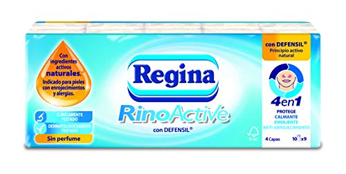 Regina Pañuelos Rinoactive | Paquete de 16 x 90 unidades, con Defensil | Indicado para pieles con enrojecimientos y alergias | Papel 100% certificado FSC®, blanco