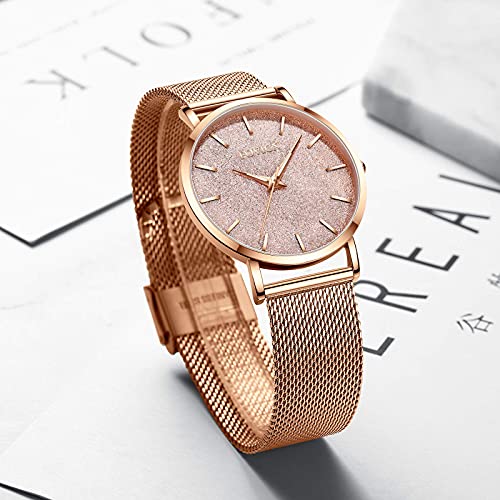 Reloj de Oro Rosa para Mujer Reloj de Cuarzo analógico de Malla de Acero Inoxidable para Mujer de Moda Casual Relojes