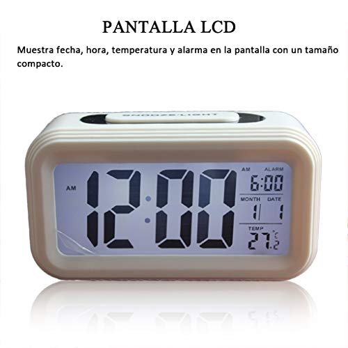 Reloj Despertador LCD Digital, Multi-Funciones Alarma Inteligente Muestra Hora, Temperatura, Fecha Silencioso como Regalo Creativo para Viejos Niños Dormitorio Oficina (Blanco)