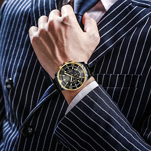 Relojes para Hombre cronógrafo de Acero Inoxidable Impermeable Fecha analógico Reloj de Cuarzo de Negocios Casual Moda Relojes para Hombres, Oro Negro, Pulsera