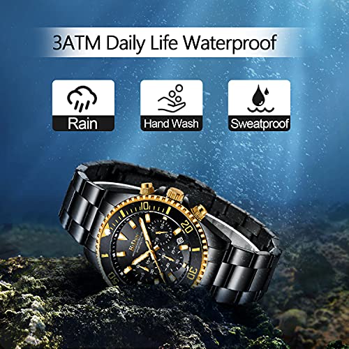 Relojes para Hombre cronógrafo de Acero Inoxidable Impermeable Fecha analógico Reloj de Cuarzo de Negocios Casual Moda Relojes para Hombres, Oro Negro, Pulsera