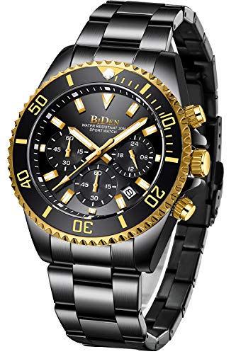 Relojes para Hombre cronógrafo de Acero Inoxidable Impermeable Fecha analógico Reloj de Cuarzo de Negocios Casual Moda Relojes para Hombres, Oro Negro, Pulsera