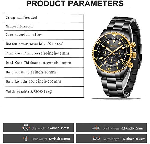 Relojes para Hombre cronógrafo de Acero Inoxidable Impermeable Fecha analógico Reloj de Cuarzo de Negocios Casual Moda Relojes para Hombres, Oro Negro, Pulsera