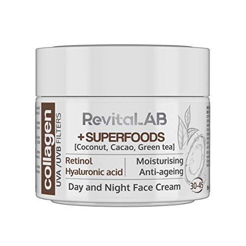 RevitaLAB - Crema hidratante antiarrugas de día y de noche con colágeno enriquecida con ácido hialurónico, superalimentos, vitaminas y un filtro UVA/UVB, franja de edad 30-45, 50 ml