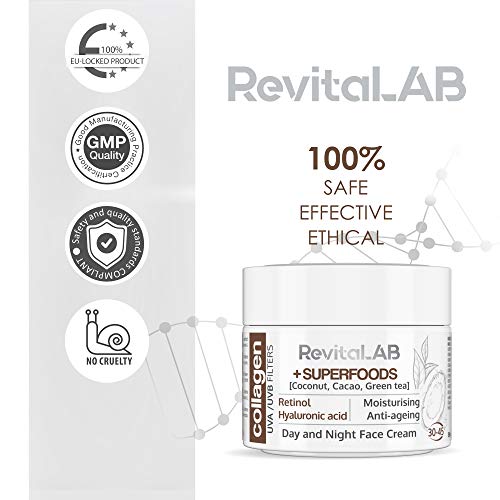 RevitaLAB - Crema hidratante antiarrugas de día y de noche con colágeno enriquecida con ácido hialurónico, superalimentos, vitaminas y un filtro UVA/UVB, franja de edad 30-45, 50 ml