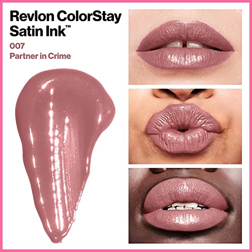 Revlon Lápiz labial líquido de tinta satinada ColorStay, colores de labios ricos de larga duración, formulado con aceite de semilla de grosella negra, 007 socios en el crimen.