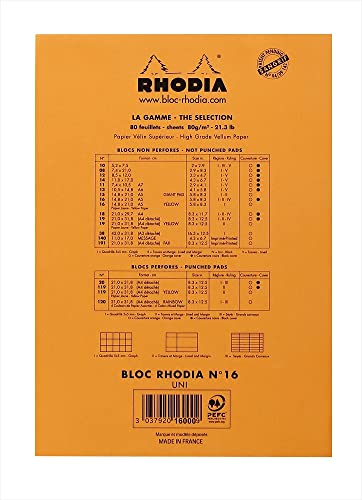 RHODIA 16000C - Bloc-Notes Agrafé N°16 Orange - A5 - 80 Feuilles Détachables - Papier Clairefontaine Uni Blanc 80 g/m² - Couverture en Carte Enduite Souple, Résistante et Imperméable - RHODIA Basics