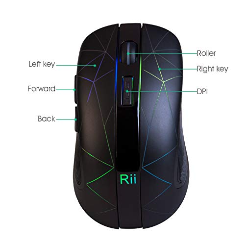 Rii RM200 Ratón inalámbrico con batería Recargable,5 Botones Receptor Nano 2.4 GHz, 3 Niveles dpi Ajustables Multicolor LED, Ideal para Notebooks, PC, Ordenadores. (Negro).