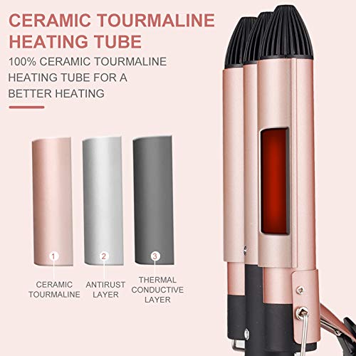 Rizador de Pelo Profesional 3 Tubos Ondulador Plancha Ondas en 25MM Tenazas para Rizar el Pelo Tourmaline en Céramique con Pantalla LCD para Largo Cabello (Rosa)