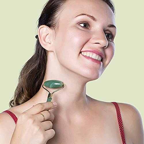 Rodillo de Jade Verde, Gua Sha y Pincel - Set de Masaje Facial en Piedra 100% Natural - Masajeador Anti Arrugas, Reducción de Ojeras, Desinflama, Intensifica Tratamientos de Belleza para el Rostro