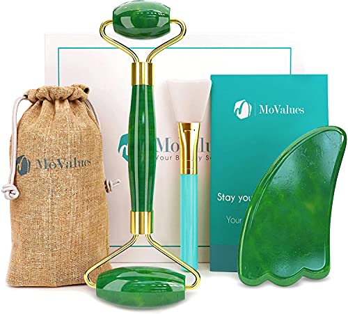 Rodillo de Jade Verde, Gua Sha y Pincel - Set de Masaje Facial en Piedra 100% Natural - Masajeador Anti Arrugas, Reducción de Ojeras, Desinflama, Intensifica Tratamientos de Belleza para el Rostro