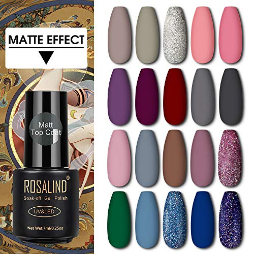 ROSALIND Esmaltes Semipermanentes de Otoño invierno, 24 Botellas de Esmaltes de Uñas Con Base and Top Capa y Mate Capa en Gel UV LED para Manicura