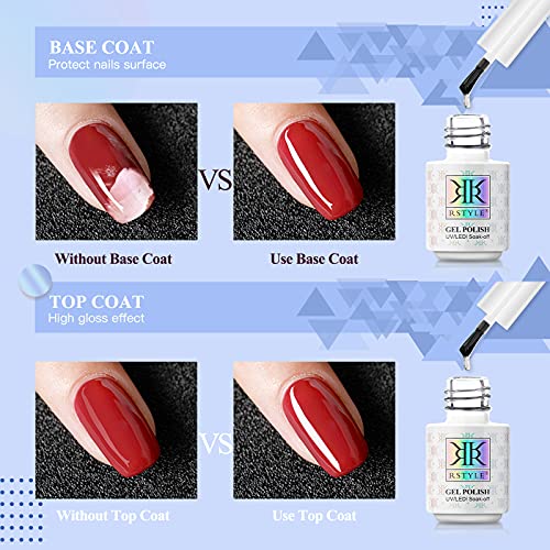 RSTYLE Base y Top Coat Semipermanente Mate Top Coat Semipermanente, 2 * Base Coat + 1 * Top Coat + 1 * Mate Top Coat No Wipe Esmalte Semipermanente Gel Nail Polish UV LED Capa Superior Set 5ML 4PCS