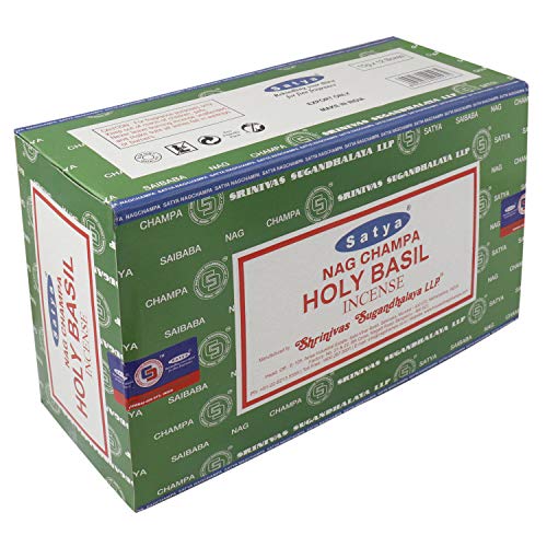 SATYA Nag Champa - Varitas de incienso de albahaca sagrada | 12 paquetes de 15 gramos cada uno en una caja | Producto de calidad de exportación