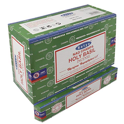 SATYA Nag Champa - Varitas de incienso de albahaca sagrada | 12 paquetes de 15 gramos cada uno en una caja | Producto de calidad de exportación