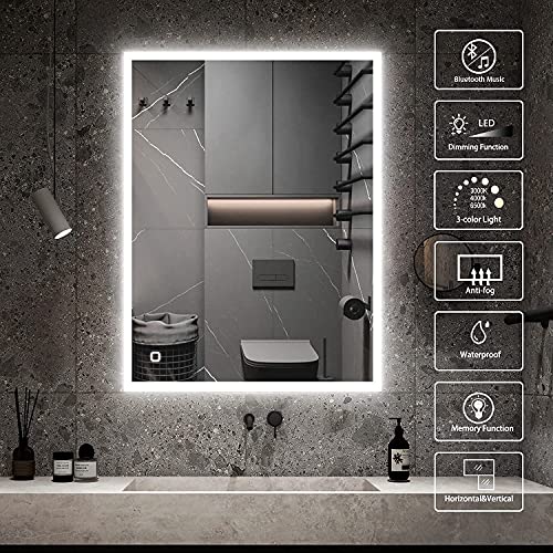 S'bagno Espejo de baño LED iluminado de 600 x 800 mm, con altavoz Bluetooth incorporado, función de atenuación, cambio de color de la luz, almohadilla de eliminación y sensor táctil