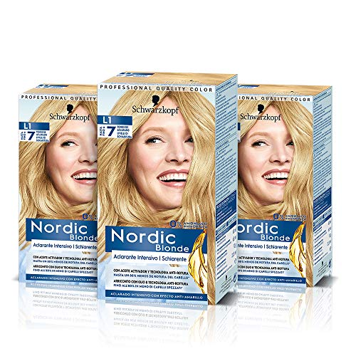 Schwarzkopf Nordic Blonde L1 Aclarante Intensivo - Coloración Permanente Sin Amoníaco - Aclara Hasta 7 Tonos - Con Aceite Activador&Omegaplex - Pack de 3