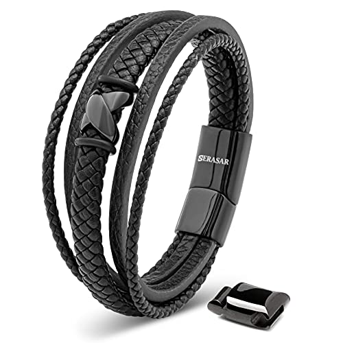 SERASAR Pulsera Hombre 20cm Negro Pulsera de Cuero Hombre Chico Pulseras Hombres Brazalete Brazaletes Pulso Muñequera Bisuteria Bisutería Joyeria Nudos Cuerda Cuerdas Bracelet Men Jewellery Ancha