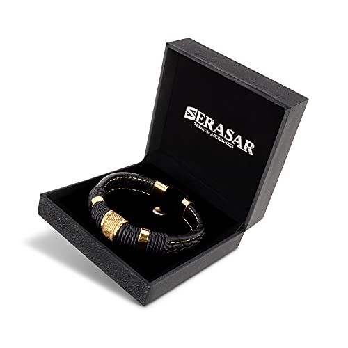 SERASAR Pulsera Hombre Oro 20cm Pulsera de Cuero Dorado Hombre Chico Pulseras Hombres Brazalete Brazaletes Pulso Muñequera Muñequeras Bisuteria Joyeria Nudos Cuerda Cuerdas Bracelet Men Jewellery