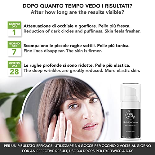 Sérum antiarrugas para el contorno de ojos, baba de caracol para ojeras, bolsas antiarrugas para hombre y mujere, 100% natural puro 15 ml Helix Healty fabricado en Italia