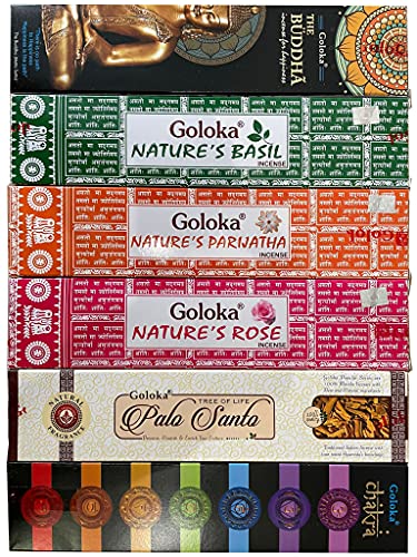 Set Inciensos Premium BOEMY [ Colección Goloka Natural ] | The Buddha , Rose , Basil , Parijatha , Palo Santo y Chakra | 6 x 15 gr.