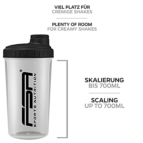 Shaker 700 ml, Preparador de batidos de proteínas y BCAA, libres de BPA y a prueba de vertidos, de la marca de deporte profesional FSA Nutrition - Transparente