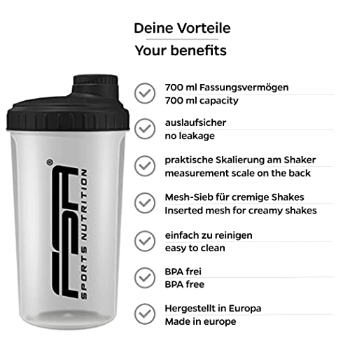 Shaker 700 ml, Preparador de batidos de proteínas y BCAA, libres de BPA y a prueba de vertidos, de la marca de deporte profesional FSA Nutrition - Transparente