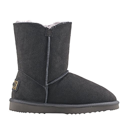 Shenduo Zapatos Invierno - Botas de Nieve de cuero con botón forradas planas clásicas para Mujer DA5803 Gris 38