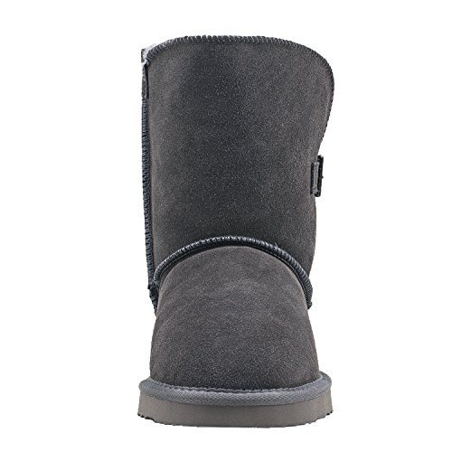 Shenduo Zapatos Invierno - Botas de Nieve de cuero con botón forradas planas clásicas para Mujer DA5803 Gris 38