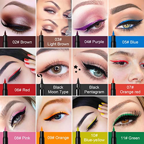 Shorant 12 Piezas Delineador de Ojos de Colores Liquido Eyeliner Mate Waterproof con 2 Delineador Ojos Sello Eyeliner Stamp Estrella Luna Eye Liner Tatoo Maquillaje de Ojos Cosméticos Mujer Regalo