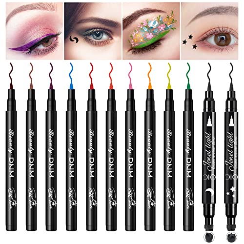 Shorant 12 Piezas Delineador de Ojos de Colores Liquido Eyeliner Mate Waterproof con 2 Delineador Ojos Sello Eyeliner Stamp Estrella Luna Eye Liner Tatoo Maquillaje de Ojos Cosméticos Mujer Regalo