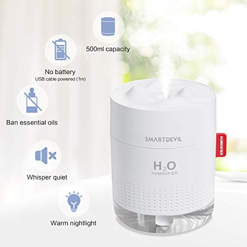 SmartDevil Humidificador 500ml, humidificadores ultrasónicos de aire con alimentación USB, apagado automático para el el hogar, dormitorio, la oficina,Sin batería,Aceite esencial prohibido - 2 Filtros