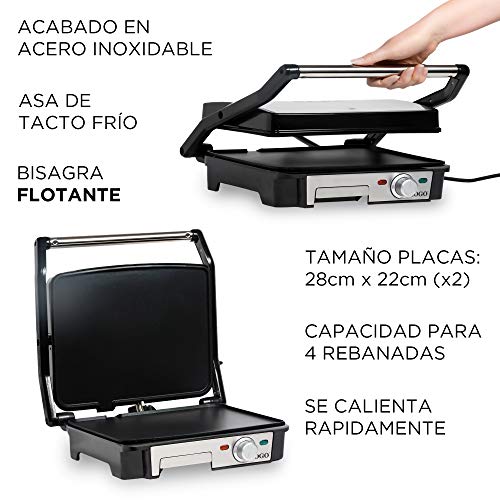 SOGO SS-7131 Sandwichera Plancha Lisa Eléctrica de 2000W, Superficie de 28x22 cm, Con Placas Planas Antiadherentes y Apertura de 180º, Color plateado