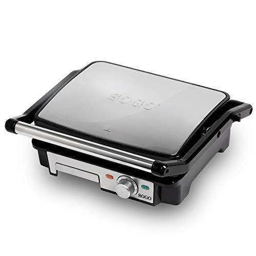 SOGO SS-7131 Sandwichera Plancha Lisa Eléctrica de 2000W, Superficie de 28x22 cm, Con Placas Planas Antiadherentes y Apertura de 180º, Color plateado