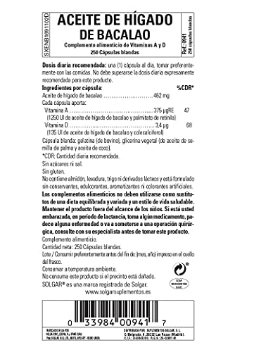 Solgar Aceite de Hígado de Bacalao, Vitaminas A y D, 250 cápsulas blandas