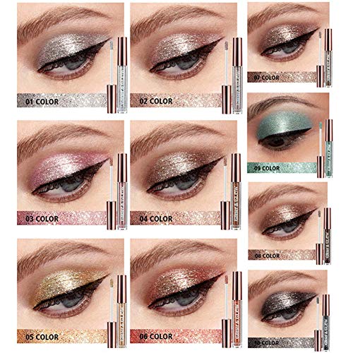 Sombras de Ojos,Lucoss Sombra de Ojos Líquida Brillantes Purpurina 10 Colores Sombras de Ojos Brillo Metálico Verde Oro Plata Rosa Marrón Negro,Regalos para Mujer