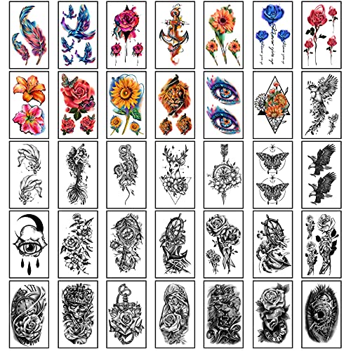 SOOVSY 49 Hojas Flores Coloridas Tatuaje Temporal, León Zorro Águila Calavera Mariposas Medio Brazo Tatuaje Temporal para Mujeres, Pegatinas de Tatuajes Falsos para Niñas, Tatuajes de Mangas de Brazo…