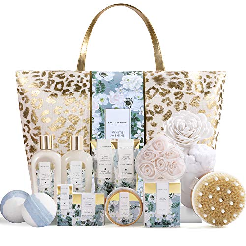 Spa Luxetique Set de Spa para Mujer, Cesta de Regalo a Jazmín Blanco, Set de Baño y Ducha, Set de Spa con 15 Piezas, Incluye Aceite Esencial, Sales de Baño, Regalos Originales para Mujer