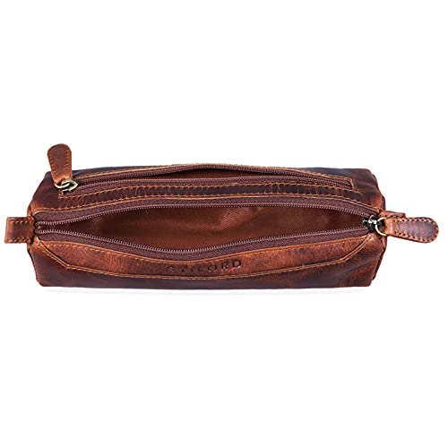 STILORD 'Jim' Estuche o Bolsa para lápices y bolígrafos de Cuero Portatodo Escolar Redondo para Hombres y Mujeres Cartuchera de Piel auténtica, Color:Kara - Cognac