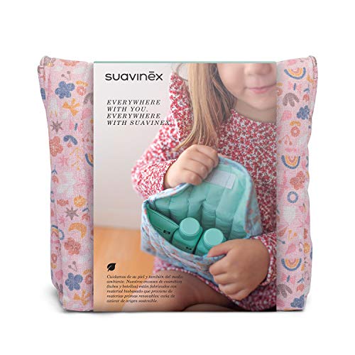 SUAVINEX Neceser Tela de Viaje para Bebés con Baby Cologne, Loción Hidratante, Crema Pañal y Gel-Champú Espumoso, Formato Viaje, Rosa, 4 Productos